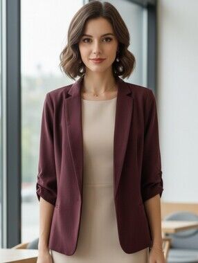 NWT Maroon Burgundy Wine Blazer Jacket 3/4 Ruched Sleeves One Button Closure XL